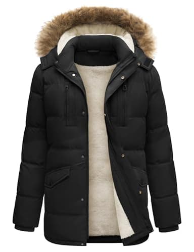 heekpek Veste Polaire Homme à Capuche Manteau Homme Hiver Blouson Chaude Hydrofuge Longue Parka Manteaux Matelassée Vestes de Randonnée Ski, Noir, L