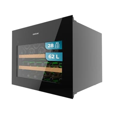 Cecotec Cave à Vin Encastrée 28 Bouteilles Bolero GrandSommelier BI 28000. Cave à vin encastrable, noire,capacité de 28 bouteilles, température 5-20 ºC, 2 clayettes en bois,compresseur, LED, tactile