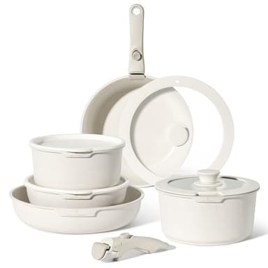 Just Perfecto Lot Casseroles et Poêles, Poêle à Frire 20cm/26cm, Casserole 18cm/20cm, Sauteuse 26cm, Induction, Poignée Amovible, Revêtement Antiadhésif, Couvercles Antiprojections (Biege)