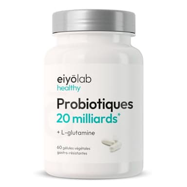 Probiotiques 20 Milliards d’UFC + Glutamine | Flore Intestinale et Cicatrisation de la Muqueuse | Idéal Contre la Perméabilité Intestinale | 60 Gélules Gastro-résistantes | Made in France | Eiyolab