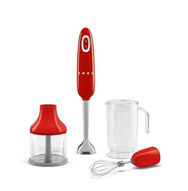 Smeg, Mixeur Plongeant HBF03RDEU, Fonction Turbo et Système de Coupe Flowblend, avec Poignée Antidérapante, Range Cordon Intégré, Accessoires Inclus, Puissance 700W, Rouge