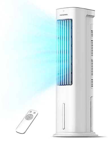 PELONIS 5L Rafraichisseur d’Air à évaporation 3 en 1, Ventilateur Colonne avec Humidificateur, Oscillation 60°, Minuterie 7H, 3 Vitesses, 3 Modes, 2 Blocs Réfrigérants, Climatiseur Mobile Silencieux