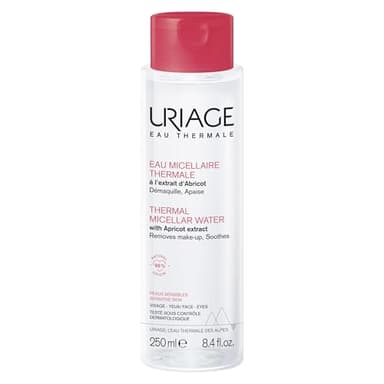 Uriage Eau Micellaire Thermale pour Peaux Sensibles - Visage et Yeux - 3-en-1 : Nettoie, Démaquille et Apaise - Sans Rinçage - Parfum Fruité et Floral - 96% d’ingrédients d’origine naturelle - 250ml