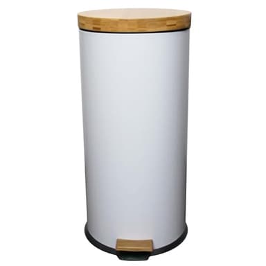 KITCHEN MOVE Poubelle bois de cuisine à pédale 30L Naturel FOREST Blanc en acier Inox couvercle en bambou avec seau