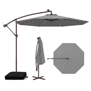 COSTWAY Parasol de Jardin Extérieur 3x3M, Parasol Déporté Lumineux Solaire avec 2 Sacs de Sable et Base Croisée, Parasol Inclinable avec Manivelle, pour Balcon, Jardin, Terrasse, Plage (Gris)