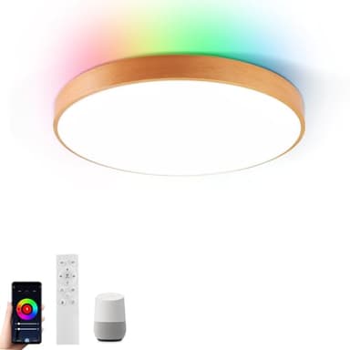 Plafonnier intelligent LED WiFi Light avec Télécommande, Lampe en Bois de Hêtre Naturel Compatible avec Alexa Google Home, Lumière Changeante de Couleur Dimmable pour le Salon de la Chambre