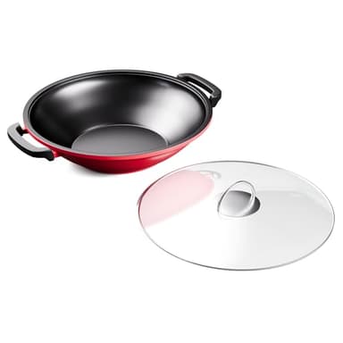 ToCis Big BBQ Wok, Poele Wok Induction avec Couvercle, Woks et Poêles à Frire Émaillés, Wok en Fonte, Poignées, Grand Wok Antiadhésif et Profond pour Plaque Cuisine à Induction, Vitrocéramique, Gaz