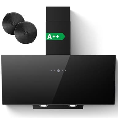 SNDOAS Hotte Aspirante 90 cm, A++ Hotte de Cuisine Inclinées Noir, 700 m³/h, 4 Vitesses Hotte en Commande Tactile, Filtre à Charbon Actif, Recyclage/Évacuation