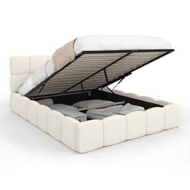 IDMarket - Lit Coffre Double Nuage avec tête de lit matelassée et sommier 140 x 190 cm Tissu Bouclette Blanc