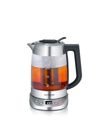 SEVERIN Bouilloire Eau et Thé, 1,7L, 3 000W, Filtre à thé, Température et Temps D'infusion Personnalisables, Verre/Inox, WK 3480