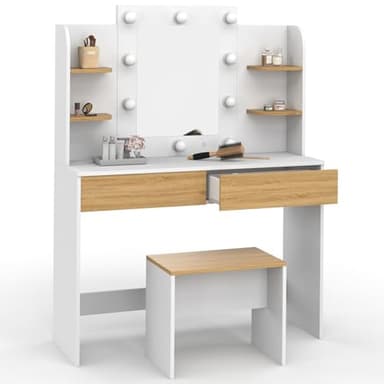 IDMarket - Coiffeuse Zelia Blanc et hêtre Table de Maquillage 4 étagères, Miroir LED et Tabouret
