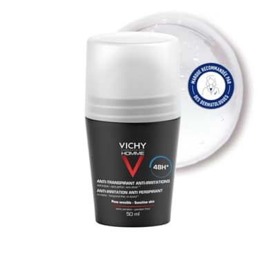 Vichy Homme, Déodorant Roll-On, Anti-Transpirant à l'Efficacité Longue Durée 48 H, Action Anti-Irritations, Pour Transpiration Intense, Adapté aux Peaux Sensibles, 50 ml
