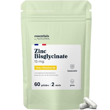 Zinc Bisglycinate + Vitamine B6, Renforce l'Immunité & Combat l’Acné, Assimilation Optimale, Cure de 2 mois, 60 Gélules Végétales, Complément Alimentaire Fabriqué en France, Essentials by Novoma