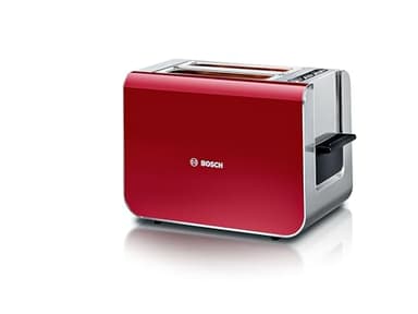 Bosch Styline TAT8614N Grille-pain avec grille réchauffe-viennoiseries intégré, fonction relevage, fonction décongélation, arrêt automatique, centrage du pain, 800 W, acier inoxydable/rouge