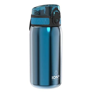 Ion8 Gourde Enfant, Inox Léger, 400ml, Non Isolé, Anti-Fuite, Facile à Ouvrir, Verrouillage Sécurisé, Lavable au Lave-Vaisselle, Poignée de Transport, Acier Inoxydable, Bleu
