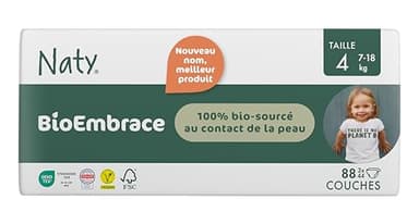 Naty BioEmbrace Couches Bébé Taille 4 (7–18 kg) | 100% bio-sourcées sur la Peau | Douceur à Base de Plantes, Dermatologiquement Testées, Super Absorbantes | 88 Unités