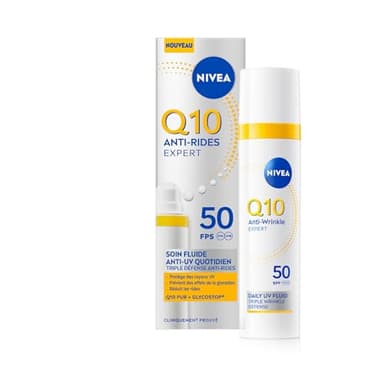 NIVEA Q10 Anti-Rides Expert - Fluide Anti-UV Quotidien FPS 50 - Soin Visage Combleur De Rides - Haute Protection UVA/UVB - 12H Anti-Brillance - Q10 Pur & Glycostop - Tous Types De Peaux - 40 ml