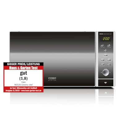CASO Micro-ondes MCG30 Ceramic Chef 3 en 1 avec grill + air chaud 2100W 30L, base en verre borosilicaté, grille pour 2 niveaux, fonction four jusqu'à 200°C, acier inoxydable, argent