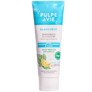 Pulpe de Vie - Dentifrice Blancheur BIO 75ml - Sans Fluor - Au Citron Upcyclé- Goût Menthe - 99,5% Naturel - Protège Dents et Gencives.