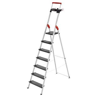 Hailo L100 Topline Escabeau de sécurité en Aluminium - 7 marches XXL jusqu'à 150 kg - Escabeau avec étrier de Maintien Extensible, Verrouillage de la Plate-Forme - Nombreux Accessoires - Échelle
