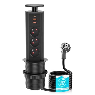 Multiprise Encastrable 3 Prises française avec USB C PD20W, Airmom Bloc Prise Escamotable Prise Plan de Travail Cuisine, 4000W/16A, Ø 80mm Câble 1,8m