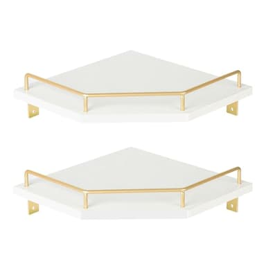 Tirzah Étagère d'angle murale blanche à 2 niveaux avec clôture en métal doré, étagère flottante en bois blanc de 24,1 cm pour décoration d'intérieur, organisateur de cuisine
