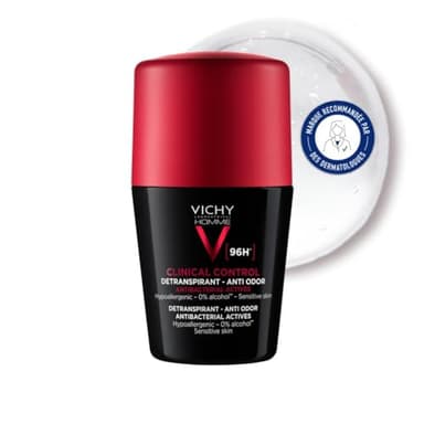 Vichy Homme, Clinical Control, Déodorant Roll-On pour Homme, Détranspirant à l'Efficacité Très Longue Durée 96 H, Sans Alcool et Sans Parfum, 50 ml