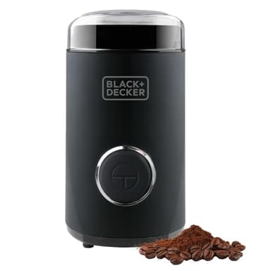 BLACK+DECKER BXCG150E - Moulin à Café Électrique 150 W, Réservoir à Grains 50 g, Lames et Réservoir en Acier Inoxydable, Broyage Fin, Rangement de Cable, Noir