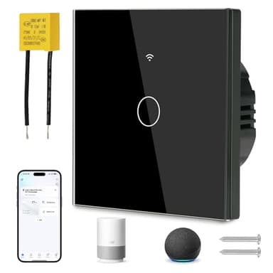 Ainiv Interrupteur WIFI Connecté, 1 Gangs Mural Interrupteur Tactile intelligent, avec Condensateur, Interrupteur Intelligent Compatible avec Tuya SmartLife Alexa Google Home, Noir