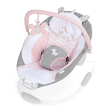 Ingenuity, Transat et Siège Sauteur - Flora la Licorne, 8 Mélodies, Vibrations Apaisantes, Arche de Jeu Amovible, 2 Jouets D’activités, Ultra-Doux, Rose, Dès la Naissance à 9 kg