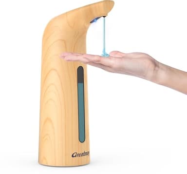 Greatmay Distributeur Savon Automatique Sans Contact 400ml，Anti-gaspillage Étanche Pompe，4 Vitesses Réglables Charge Magnétique Design Intelligent pour Cuisine Salle de Bain (400ml Couleur bois clair)