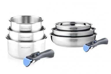 ARTHUR MARTIN - Batterie De Cuisine Inox 8 Pièces - 3 Casseroles Ø 16, 18, 20 cm - 2 Manches Amovibles - Compatible Induction - Ensemble Pratique Et Fonctionnel