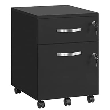 VASAGLE Caisson de Bureau à roulettes, Verrouillable, avec 2 Tiroirs, 5 roulettes, Barre de Suspension Réglables, pour Dossiers Suspendus au Format A4, Noir d'encre LCD22BV1