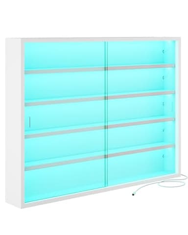 Vitrine Salon pour Collection, Vitrine Murale avec 5 Étagères et 5 Bandes LED Colorées, Portes Vitrées, Vitrine de Rangement pour Figurines, Miniatures, Blanc