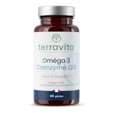 Oméga 3 Brevetés EPAX® + Coenzyme Q10 Ubiquinol Kaneka® | Poissons Sauvages | Système Cardiovasculaire - Immunitaire - Cérébral | TOTOX Ultra Faible | 60 Capsules | Made in France | Terravita
