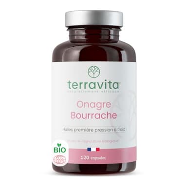 ONAGRE et BOURRACHE | Huiles BIO Première Pression à Froid | 120 Capsules de 500 mg | Hydratation de la Peau en Profondeur | Régulation du Système Hormonal | Label Ecocert | Made in France | Terravita