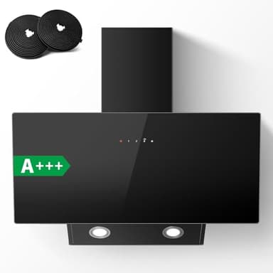 TopStrong Hotte Aspirante 90cm, Hotte de Cuisine inclinée Silencieuse, A+++ Hotte aspirante sans Evacuation ou Recyclage Inclus Filtres Charbon, 400m³/h, 3 Vitesses + Boost Fonction, 58 dB, Noire