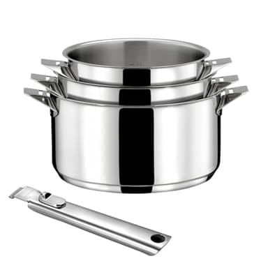 CUISINOX - Eclipse - Lot de 3 casseroles tout inox 16/18/20 cm (1.5L, 2L, 3L) et poignée inox - Fond encapsulé - Compatible tous feux dont induction - Acier Inoxydable 18/10 - Finition miroir