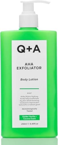 Q+A Lotion Exfoliante pour le Corps AHA (250 ml), Hydratant Exfoliant et Lissant avec Acide Lactique, Acide Glycolique et AHA de Fruits, Alternative au Beurre Corporel, Soin Corporel Végétalien