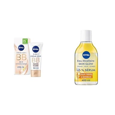 NIVEA Lot Skin Glow : BB Crème 5‑en‑1 Teinte Claire 50 ml + Eau Micellaire Waterproof 400 ml – Hydrate 24H, Démaquille & Illumine – Vitamines C & E, Jojoba Bio, Pigments Minéraux – Peaux Ternes & Sens
