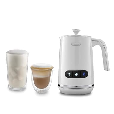 De'Longhi LatteMix EMF3.W Mousseur à lait électrique pour lait chaud & froid & alternatives végétales Nettoyage facile Couvercle transparent 3 boutons 250 ml Blanc