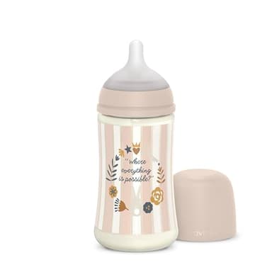 Suavinex, Biberon 270 ml, Biberon avec Tétine Symétrique SX Pro en Silicone à Débit Moyen (M), avec Valve Anti-Colique. Silicone Fin Ultra-Doux. Pour Bébés, +3 Mois, Wonderland Rose