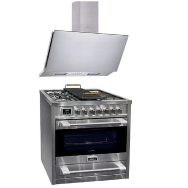 Kaiser Gazinière HGE 93505 R+AT 9455 N ECO, Cuisinière électrique à gaz 90 cm/avec plaque grillade+hotte aspirante 90 cm