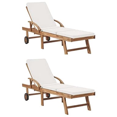 vidaXL 2X Bois de Teck Solide Chaises Longues avec Coussins Transat de Jardin Bain de Soleil de Terrasse Chaise Longue de Patio Extérieur Crème