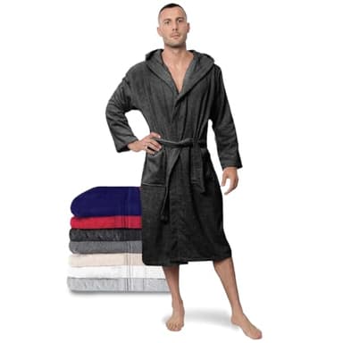 Twinzen Peignoir de Bain Homme - L - Gris - 100% Coton avec Capuche - Certifié OEKO-TEX® - Robe de Chambre Eponge 2 Poches, Ceinture - Doux, Absorbant et Confort