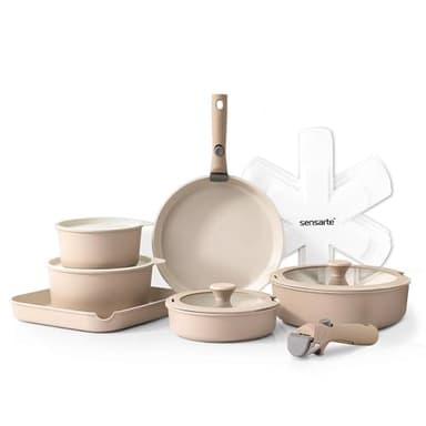 SENSARTE Set de Casseroles et Poêles 17 Pièces - Revêtement Céramique Antiadhésif Sans PFAS - Batterie de Cuisine pour Induction/Gaz, Poignées Amovibles, Empilable et Lavable Lave-Vaisselle