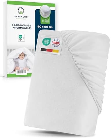 Sensalou Protège-Matelas Imperméable 50x90 cm pour Bébés – Drap-Housse Résistant à l’Eau pour Berceau – Alèse Respirante Lavable à 95°C – Housse de Matelas Douce et Sûre