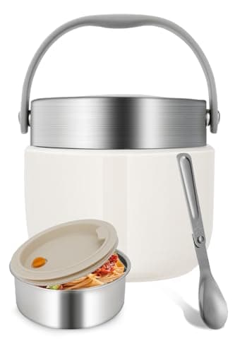 Ezvsevuo Récipien Alimentaire Chaud 1200ml, Boite Alimentaire Isotherme en Acier Inoxydable, Gamelle Isotherme avec Cuillère Pliante, Termosse Repas Chaud pour École, Bureau, Extérieur (Blanc)