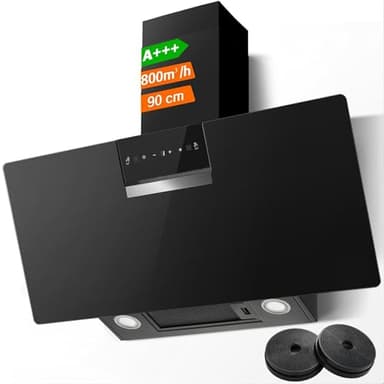 SNDOAS Hotte Aspirante 90 cm, 800 m³/h, Classe Énergétique A+++, 3 Vitesses + Mode Booster, Contrôle Gestuel & Tactile, Filtre à Charbon Actif, Recyclage/Évacuation, Noir