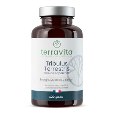 TRIBULUS Terrestris | Hautement Concentré : Extrait 12:1 | Titré à 90% en Saponine | 120 Gélules | 1500 mg par Dose | Performances, Endurance, Musculation et Libido | Made in France | Terravita